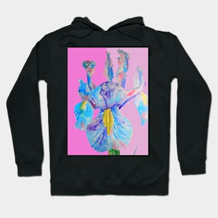 Iris Watercolor Painting - Blue with Raindrops - on Magenta and Lilac Pink Hoodie